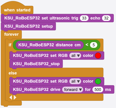 สคริปต์ setup แล้ว if ระยะน้อยกว่า 5 ไฟแดงและหยุด ไม่งั้นไฟเขียวและวิ่งต่อ